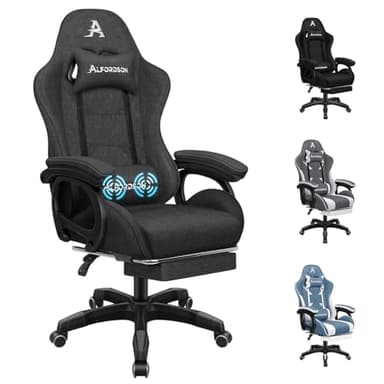 ALFORDSON Gaming Chair with Massage and 150° Recline, Linen Ergonomic Executive Office Chair with Footrest, Height Adjustable Racing Chair with Gas-Lift, Max 180kg (Fabric Dark Grey)