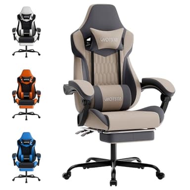 WOTSTA Gaming Chairs High Back Massage Game Chair with Footrest Computer Reclining Chair with Headrest and Lumbar Support for Big and Tall PVC Leather Gaming Chair for Adults (Beige/Grey)