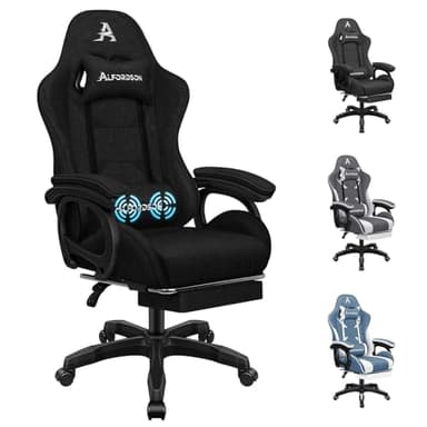 ALFORDSON Gaming Chair with Massage, 150° Recline, Ergonomic Executive Office Chair Linen Upholstery with Footrest, Height Adjustable Racing Chair with Gas-Lift, Max 180kg (Fabric Black)