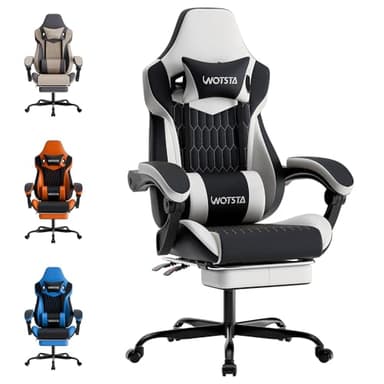 WOTSTA Gaming Chairs High Back Massage Game Chair with Footrest Computer Reclining Chair with Headrest and Lumbar Support for Big and Tall PVC Leather Gaming Chair for Adults (White/Black)