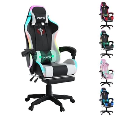 PORIYA Gaming Chair with Adjustable Backrest, Ergonomic Executive Office Chair, Height Adjustable Racing Chair Maximum Gaming Experience (White Massage&LED)