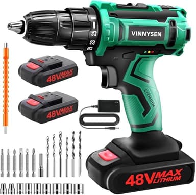 VINNYSEN 48V 3/8" Cordless Drill, 2x 1.5Ah Li-Ion Battery & Charger, Variable Speed, 24-Piece Accessory Kit (Green)