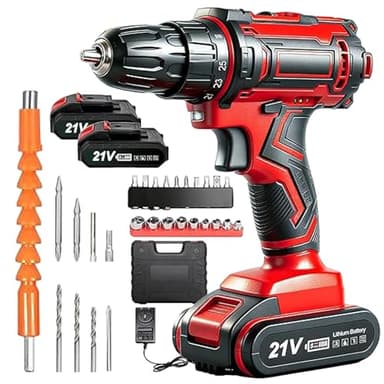 Yazoni 21V Cordless Power Drill, Power Drills Set with 1.5Ah Battery, Charger & Case, 28PCS Electric Screwdriver Drill Bits Sockets Accessories Kit, Variable Speed Drill, 25+1 Torque, 35 Nm