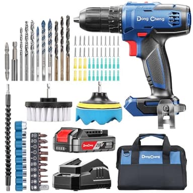 DongCheng 20V Compact Cordless Drill Driver Kit, 1.3KG Lightweight, 2-Speed 0-1500RPM, 2.0Ah Battery, 40Nm Power, LED Light, 83PCS DIY Tool Set (Single Battery Drill + Extra Clean Kit)