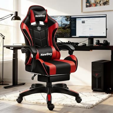VODA STORIUM Gaming Chair Ergonomic Office Chair with Adjustable Backrest Footrest Headrest and Lumbar Support Height-Adjustable Suitable for Gaming Office Scenarios (Black and red, 61x114x45cm)