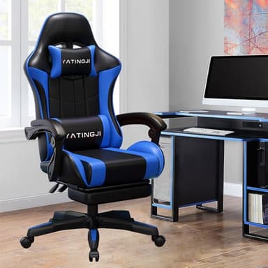 PORIYA Gaming Chair,with Head Cushion,Height Adjustable,PU Leather Racing-Style Executive Seat,Reclining Capability,Suitable for Office Chair (Black and Blue with Head Cushion)