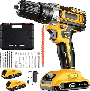 VINNYSEN 48V Cordless Drill, 3/8 Inch Power Drill Set with 2 Lithium Ion Battery and Charger, Electric Drill with Variable Speed, 24-Pieces Drill/Driver Accessories Kit (Yellow/Black)
